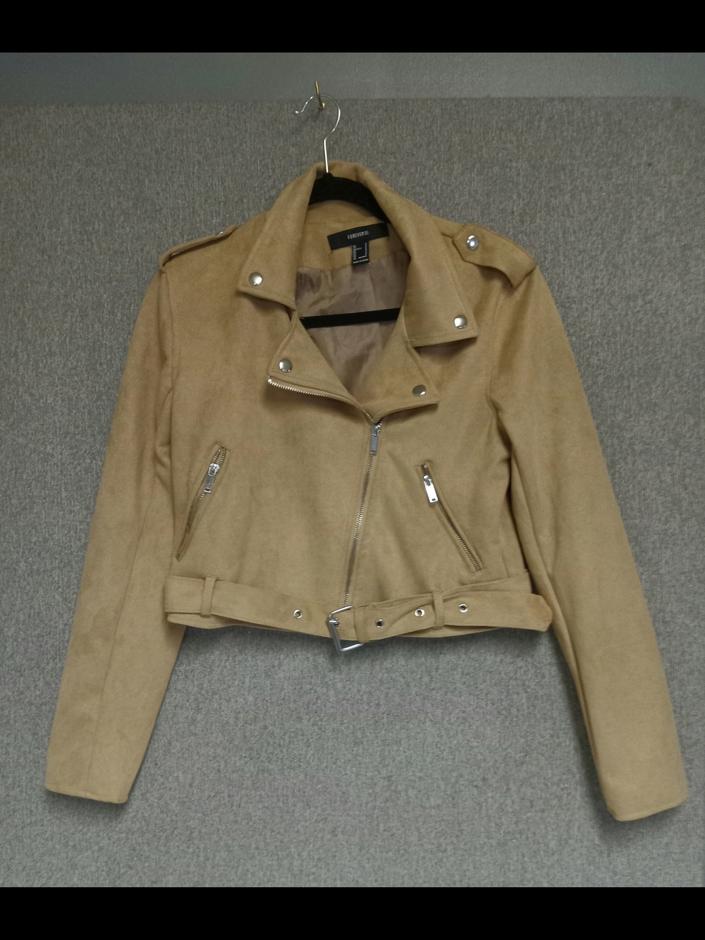 Forever 21 Tan Cropped Suede-Look Moto Jacket